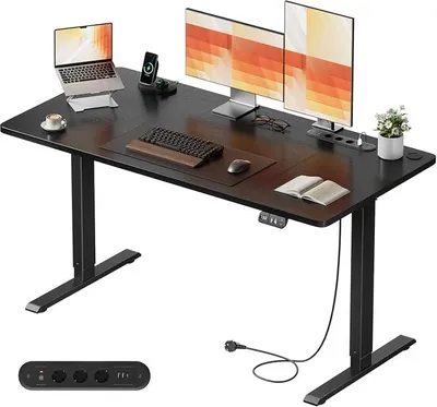 Imagen del producto de Escritorio de altura ajustable con enchufes, 140x60 cm, color