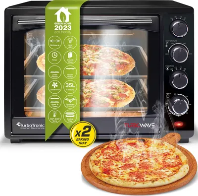 Produktbild von TurboTronic Minibackofen mit Umluft und Drehspieß 35 Liter, Schwarz, inkl. 2x Backblech, 1600W Mini Tisch Backofen Camping Pizzaofen Klein/Groß