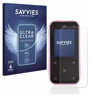 A product shot of a screen protector package and a pink electronic device with a screen protector applied.
