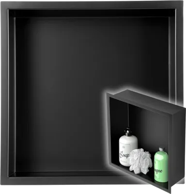 Zdjęcie produktu dla Półka wnękowa 30x30x10cm czarna matowa stal proszkowa pod prysznic kołnierz