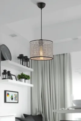 Immagine prodotto di Opviq, moderna lampada a sospensione in metallo, grigia, altezza 65 cm | Paralume in cotone (25 x 25 cm, altezza: 18 cm) | Attacco E27, max. 60 W | , elegante design industriale.