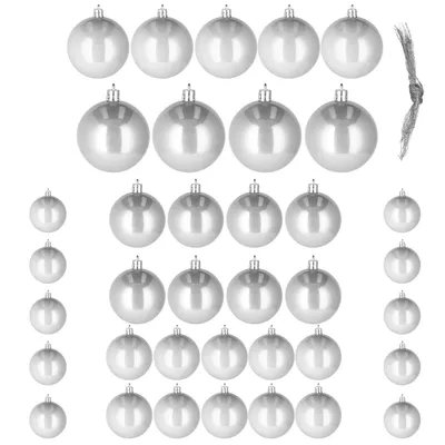 A collection of gray Christmas ornaments arranged in rows on a white background.