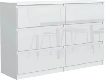 A white dresser with six drawers against a white background.