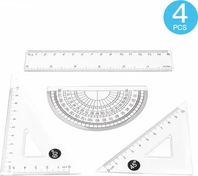 Image de 4 Pieces Plastic Math Geometry Tool Ruler Set Includes 6-Inch Straight Ruler & 2pcs Triangle Ruler & Protractor for Office School Student Supplies