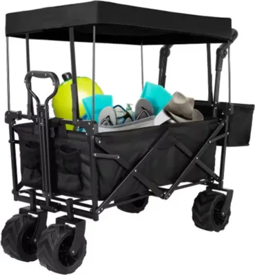 Produktbild von Faltbarer Bollerwagen XL – 262L – Gartenwagen – Mit Schiebestange – Geländegängig – Abnehmbares Dach – 115kg Tragfähigkeit – Schwarz
