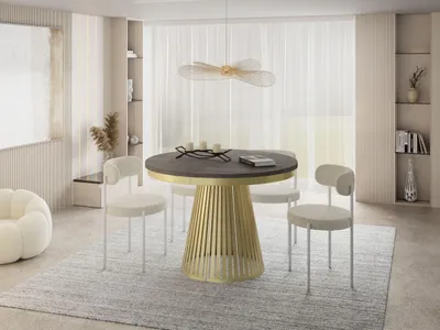 Produktbild von Esstisch Rund Ausziehbar mit Lamellen im Loft-Stil – 120 bis 200 cm – Industrieller Tisch mit Metallbeinen in Gold, Platzsparend für Wohnzimmer oder Esszimmer – Beton-Optik Dunkelgrau