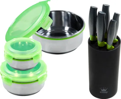 Produktbild von 9tlg. KING® Geschenkset: 3tlg. Vorratsdosen-Set KLICKBOX grün + 6tlg. Messerset CARBON GREEN LINE inkl. Messerblock