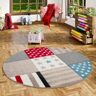 Produktbild von Kinder und Jugend Teppich Maui Sterne Rot Blau Rund, Größe:120 cm Rund