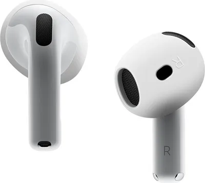 Two white wireless earbuds are shown against a white background.