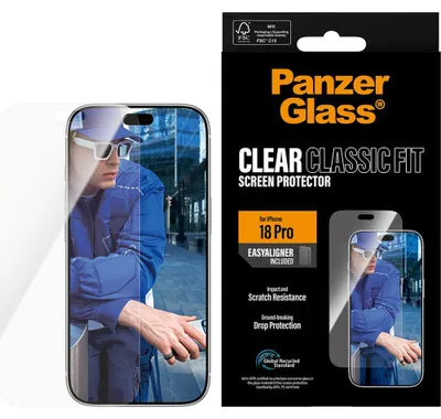 Zdjęcie produktu dla PanzerGlass ® Screen Protector iPhone 18 Pro | Classic fit w. EasyAligner, Apple - iPhone 18 Pro, Aplikacja na sucho, Odporny na zadrapania, Odporny na wstrząsy, Przezroczysty, 1 szt.