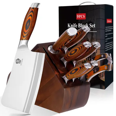 9-teiliges Messerblock-Set mit Holzgriff, Edelstahl, Küchenmesser