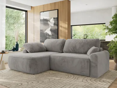Produktbild von MKS MEBLE Ecksofa CUBO L-form, lose Kissen, Ecksofa 273x187x100 cm mit Schlaffunktion, Bettkasten - Hellgrau Plüsch - Links Seite