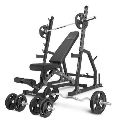 Image de Marbo Sport - Ensemble MS3_2.0_83KG | Banc double face + support d'haltères réglable avec support de secours et réglage de l'écartement + ensemble de barres et de disques d'haltères 83 kg