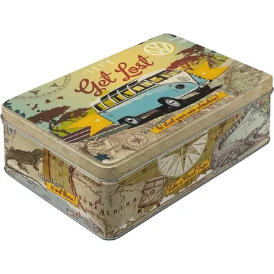 A vintage-style tin box with a travel-themed design featuring a VW bus and maps.