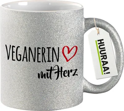 Produktbild von Huuraa Glitzertasse Veganierin mit Herz 330ml Silber Keramik Kaffeebecher Geschenkidee