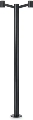 A black outdoor lamp post with two lights.