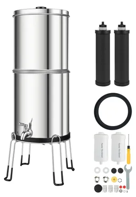 Produktbild von Schwerkraft-Wasserfilter Wasserfiltersystem - 8,5 L Tischwasserfilter - Edelstahl 304 - Reduziert Blei & 99% Chlor - 2 Aktivkohle- & 2 Fluoridfilter - Für Zuhause & Camping - Silber