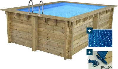 Immagine prodotto di Piscina rettangolare in legno "Caimans 140" - 4,10 x 3,00 x 1,39 m + copertura a bolle da 180 µm - copertura invernale da 280 g/m²