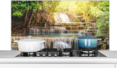 Produktbild von KitchenYeah®  Spritzschutz Küche - Küchenrückwand - Wandschutz für Herd und Spüle - Sonne - Wasserfall - Landschaft 120x60 - Alu-Dibond (Alternative zum Spritzschutz aus Glas) - Hitzebeständig - Herds