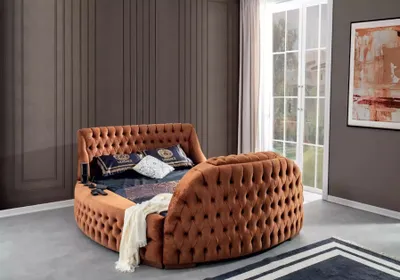 Produktbild von Chesterfield Bett Polster Design Luxus Betten Hotel Braun mit TV Fernseher Lift
