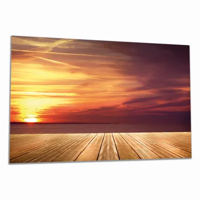 Produktbild von Wallario Herdabdeckplatte aus Glas, Größe 90 x 52 cm 1-teilig, Motiv Steg am See - Sonnenuntergang und roter Himmel