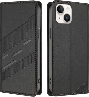Produktbild von Hülle für iPhone 13 / iPhone 14, Kunstleder Brieftaschen Handyhülle mit Kartenfach und Standfunktion Schwarz