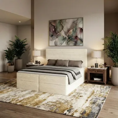 Produktbild von Boxspringbett RAVENO 180x200 cm mit Bettkasten inkl. Bonell-Federkernmatratze H3 und Topper – Stoff Tilia Creme (CORD)