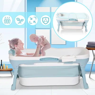 Immagine prodotto di Vigevee, vasca da bagno pieghevole da 118 cm, colore blu, realizzata in plastica PP e TPE, con cesto portaoggetti e doppio scarico, ideale per piccoli bagni
