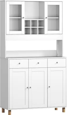 Produktbild von 180 cm Küchenschrank, 2 Glastüren, 3 Schubladen, 4 verstellbare Regale, Esszimmerschrank, Spanplatte, Weiß