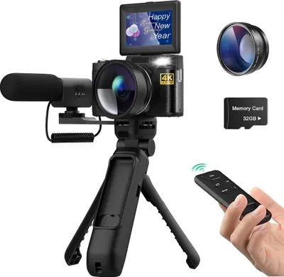 Produktbild von Fine Life Pro 4K Videokamera Camcorder Digitalkamera, 48MP Fotokamera, 16x Digitalzoom Vlogging Kamera mit Stativ und Mikrofon, Kompaktkamera mit 32GB TF-Karte