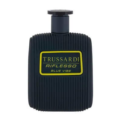 A product shot of a dark blue bottle of Trussardi Riflesso Blue Vibe Eau de Toilette for men.