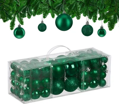 Produktbild von Relaxdays Weihnachtskugeln, 76er Set, Kunststoff, glitzernde, matte, glänzende Baumkugeln, Christbaumschmuck, dunkelgrün