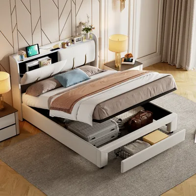 A bedroom scene featuring a bed with storage, nightstands, and lamps.