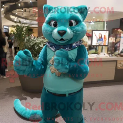 Obrázok produktu pre Maskot spoločnosti REDBROKOLY, jaguárovitý druh Teal Jaguarundi, je oblečený v ceruzkovej sukni a má náramkové hodinky