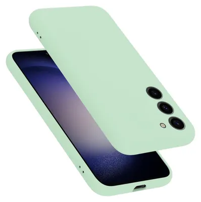 A mint green phone case is shown diagonally over a smartphone.