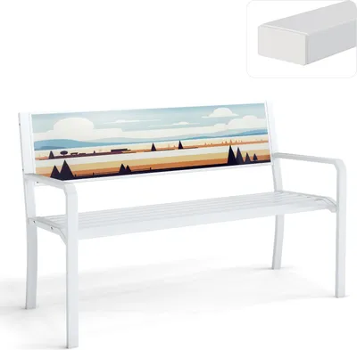 A white metal garden bench with a decorative landscape scene on the backrest, shown against a white background.
