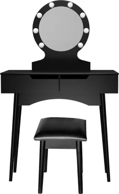 A black vanity table with a round mirror and lights, and a matching black stool, displayed on a white background.
