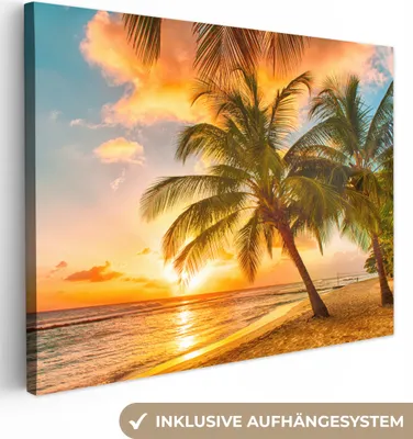 Produktbild von MuchoWow® - Leinwandbilder - Sonnenuntergang - Palme - Wolken - Meer - Strand, Wandbild, Wanddeko Bilder Wohnzimmer, 80x60cm