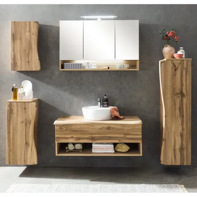 Produktbild von Badezimmer Set in Wotan Eiche Nb. mit Baumkantenoptik KAHLA-03 LED Spiegelschrank und Keramik Waschbecken, B/H/T: 216/200/52 cm