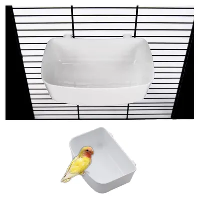 Produktbild von 2 Stück Vogelbadewanne - kleiner Futter- und Wassernapf für Vögel, hängend mit Haken, geeignet für kleine Vögel, Papageien und Kanarienvögel, Weiß, 12,8 x 9,1 x 4,6 cm