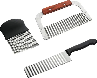 Obrázek produktu pro Kráječ na brambory, balení 3 ks vlnitých vykrajovátek, zdobící nože, vlnité nože, na brambory, zeleninu, ovoce, hranolky, saláty, nerez, jednoduchý, 3 styly