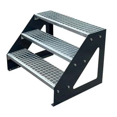 Obrázok produktu pre Oceľové voľne stojace schody 3 stupne Pozinkované Šírka 60 cm s práškovo lakovanými pozdĺžnikmi v antracitovej farbe Výška 57 cm Mriežka