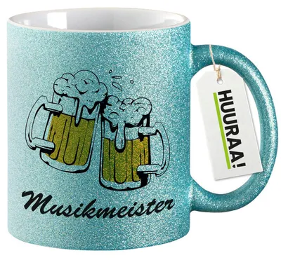 Produktbild von Huuraa Glitzertasse Musikmeister Schützenfest 330ml Blau Keramik Kaffeebecher Geschenkidee