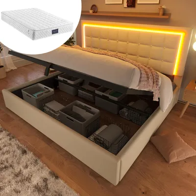 Produktbild von Polsterbett mit Lattenrost und Stauraum Doppelbett inkl. LED-Beleuchtungsleiste Bettgestell 140x200cm