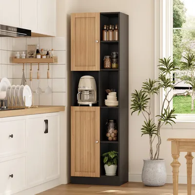 Produktbild von Merax Eckschrank Hochschrank mit 6 offenen Regalen und 2 Türen, schmaler Küchenregal mit verstellbare Einlegeböden, Küchenschrank aus MDF, Anthrazit