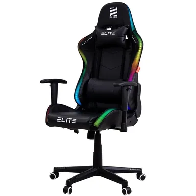 A black gaming chair with RGB lighting.