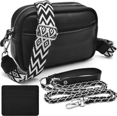 Image de Sac à bandoulière en cuir véritable Femme Crossbody Bag 3 compartiments & porte-cartes, Noir