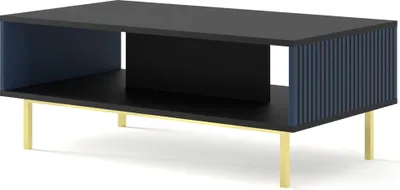 A 3D render of a modern coffee table with black and dark blue accents and gold legs.