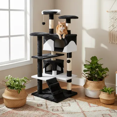 Obrázek produktu pro belviona škrabadlo, 130 cm vysoký strom pro kočky s jeskyněmi, schody a míčky na hraní, robustní a stylové, černá/bílá
