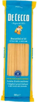 A package of De Cecco Bucatini pasta.